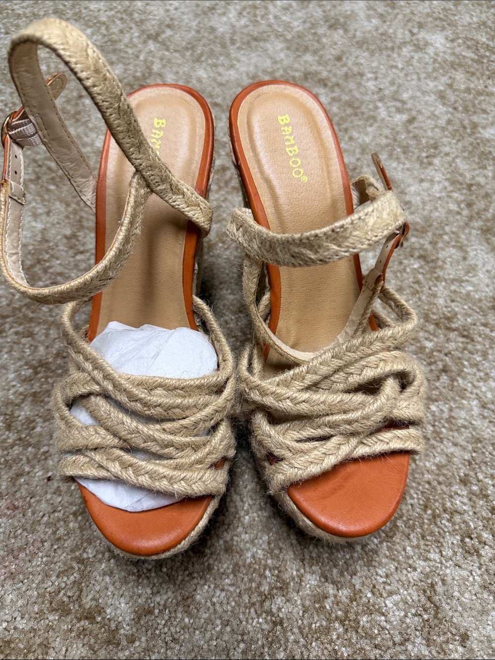 BAMBOO Natural Rope Platform Sandals with Tan Footbed